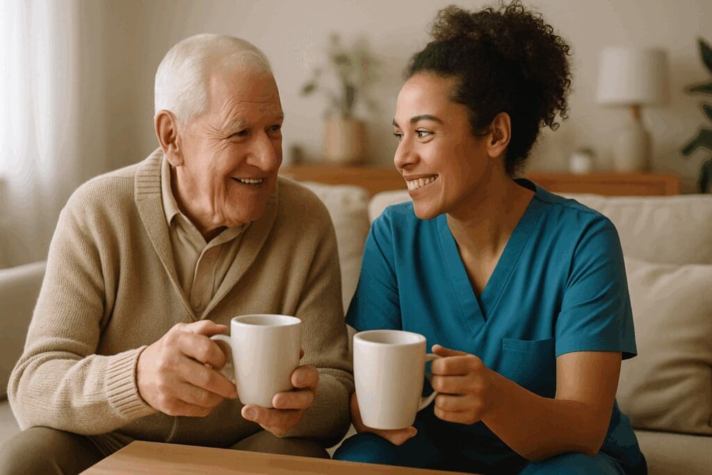 Senior man sharing tea and conversation with a caregiver from a trusted home care agency near me in a cozy living room.

