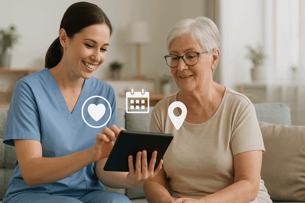 Caregiver using a tablet with a senior woman in a modern living room, representing tech-enabled services from a home care agency near me.








