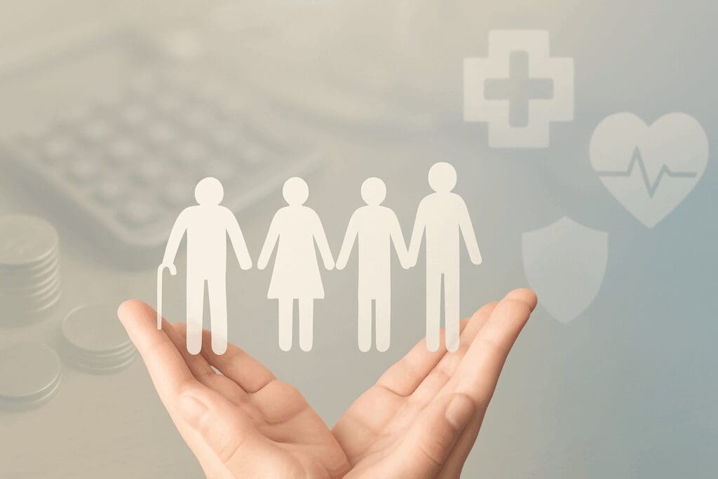 Hands holding paper cutouts of seniors and caregivers over a blurred background of coins, calculator, and health icons, symbolizing financial planning at a home care agency near me.







