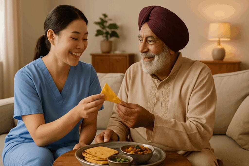Caregiver from a home care agency near me sharing a traditional meal with a senior in a warm, culturally respectful home setting.








