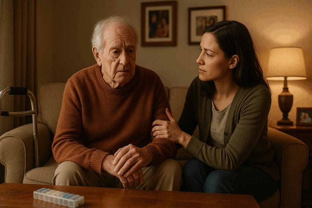 Adult daughter gently comforting elderly parent with dementia in a warm home setting, symbolizing Help for Dementia Caregivers.