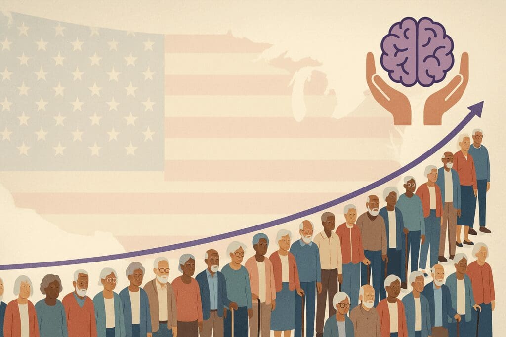 Diverse group of older adults forming an upward slope with U.S. flag in background and brain icon above, symbolizing rising need for Help for Dementia Caregivers.