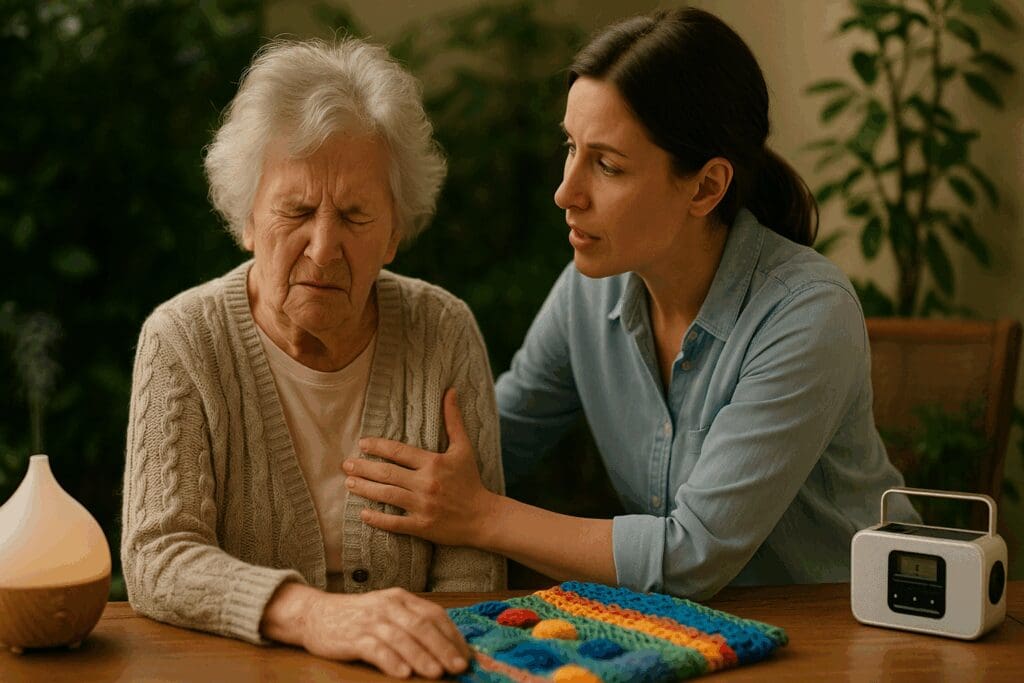 Caregiver gently comforting an agitated elderly woman with dementia in a calm, therapeutic setting, offering help for dementia caregivers.