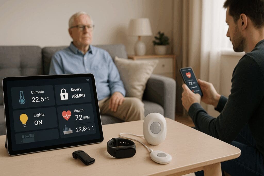 Smart home setup with wearable health devices and real-time monitoring dashboard, offering tech-based help for dementia caregivers.