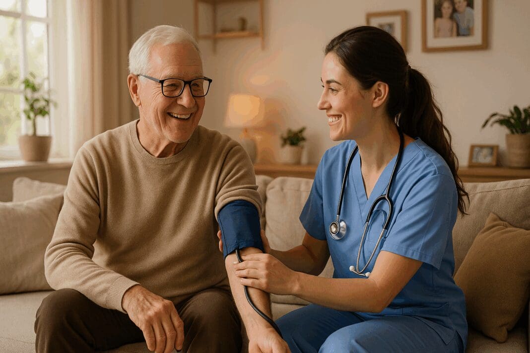 Smiling elderly man receiving blood pressure check from nurse in cozy living room, illustrating compassionate home health services.
