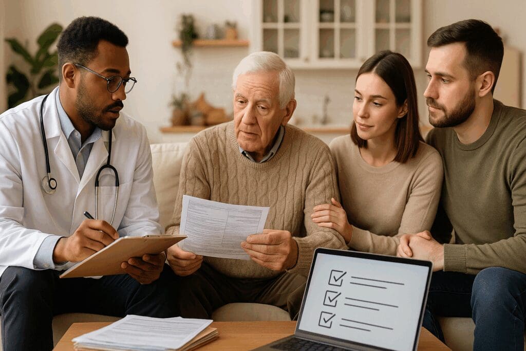 Physician reviewing eligibility documents with senior man and family at home during a home health services consultation.








