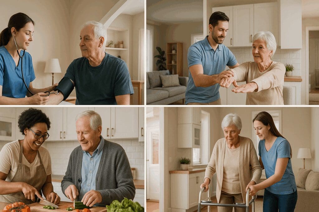 Collage showing home health services including a nurse checking vitals, a physical therapist guiding exercises, an aide preparing meals, and mobility assistance in different rooms of a house