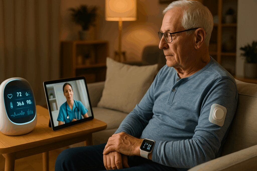 Elderly man using home health services with wearable sensors, a tablet showing a remote nurse, and a digital health monitor in a cozy living room.

