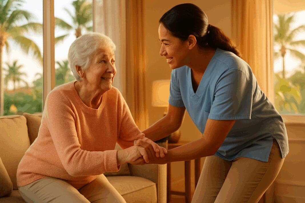 Caregiver helping an elderly woman stand in a sunlit Florida home with palm trees visible outside, illustrating how to apply for caregiver benefits in Florida.