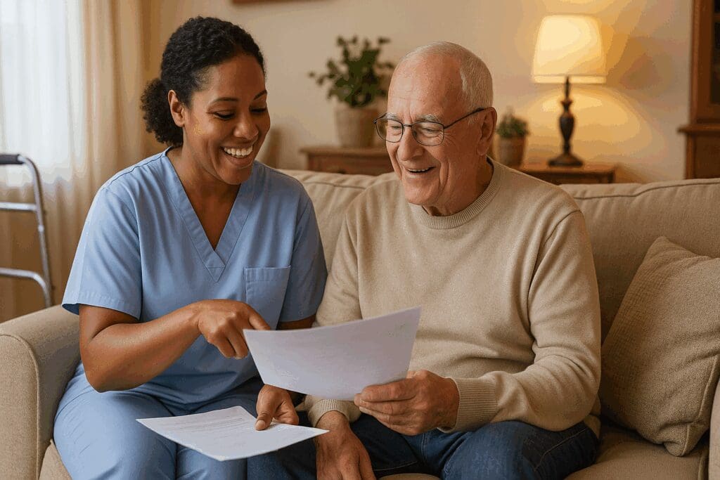 Caregiver helping an elderly man review paperwork at home, illustrating how to apply for caregiver benefits in Florida.

