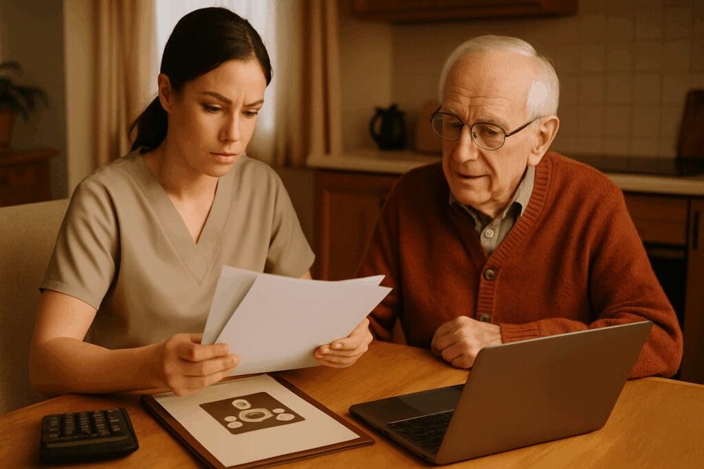 Caregiver reviewing financial documents with elderly relative at home while researching how to apply for caregiver benefits in Florida

