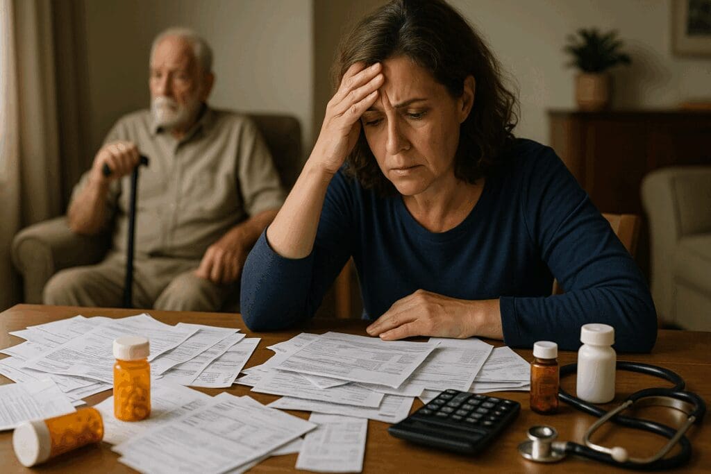 Caregiver looking overwhelmed at a kitchen table covered with bills and prescriptions, highlighting grants for caregivers of elderly.








