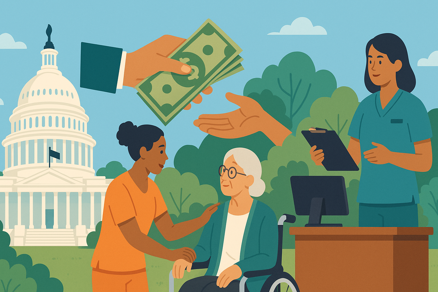 Caregiver assisting senior woman in wheelchair outside a government building, symbolizing 2025 grants for caregivers of elderly.