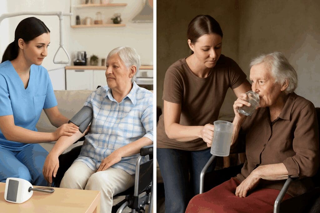 Split-screen showing disparities in caregiving environments, highlighting unequal access to grants for caregivers of elderly across U.S. states.







