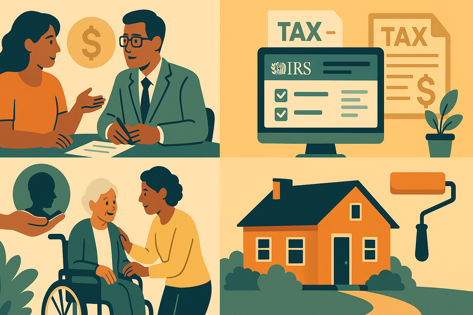 Visual infographic showing financial strategies and tax credit scenes, including grants for caregivers of elderly, home modifications, and IRS tools.








