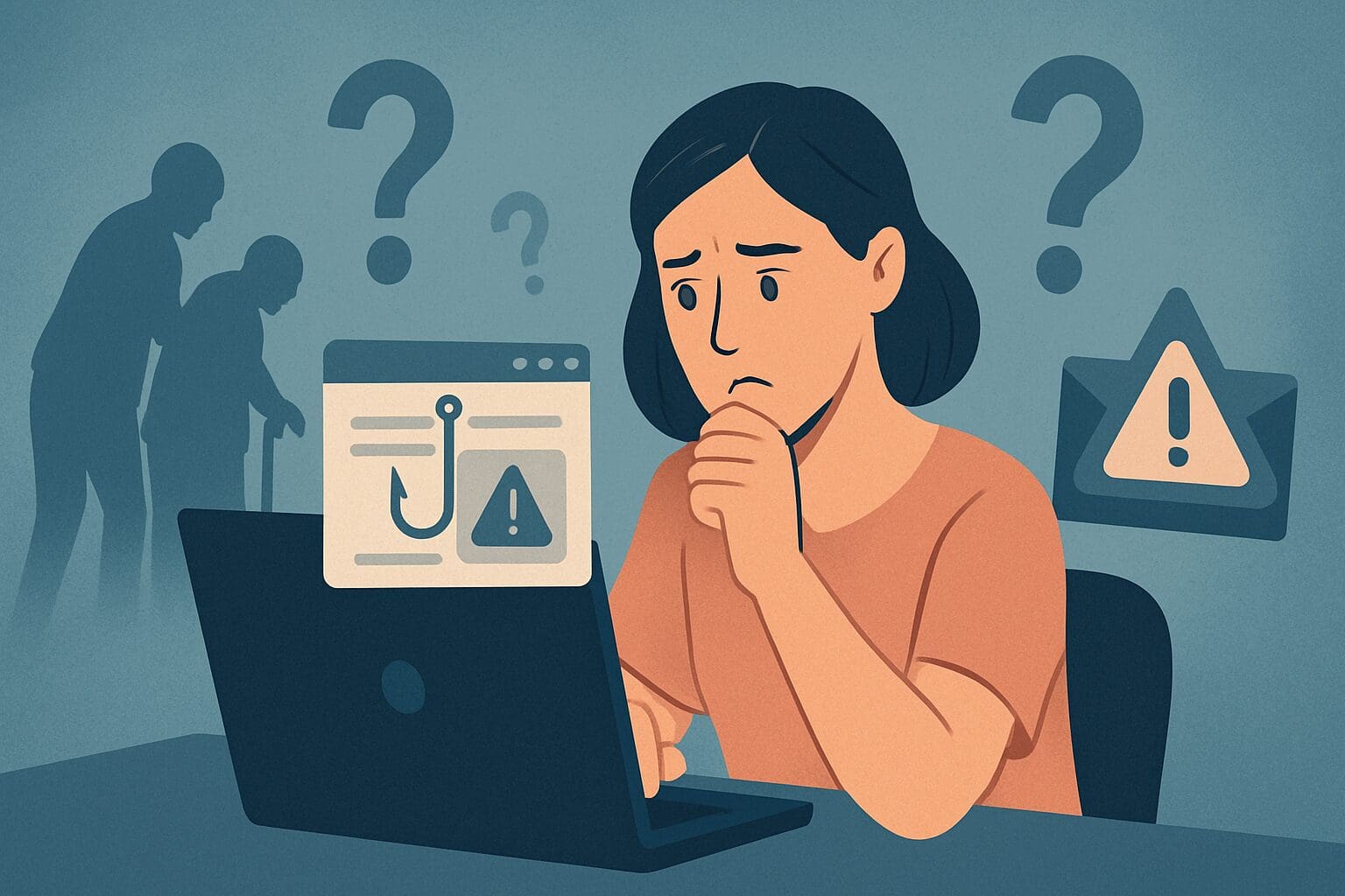 Concerned caregiver evaluating suspicious websites on a laptop, symbolizing online scams targeting grants for caregivers of elderly.

