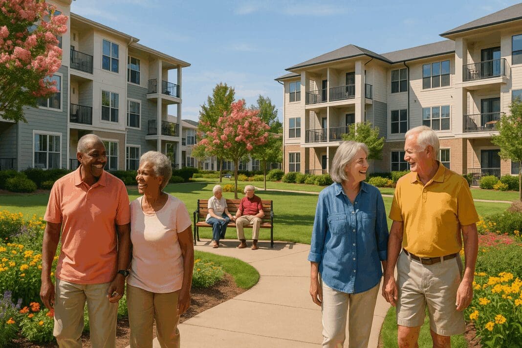 Active seniors walking through landscaped paths in 55 and older rental communities near me, with modern apartments and flowering trees in the background.