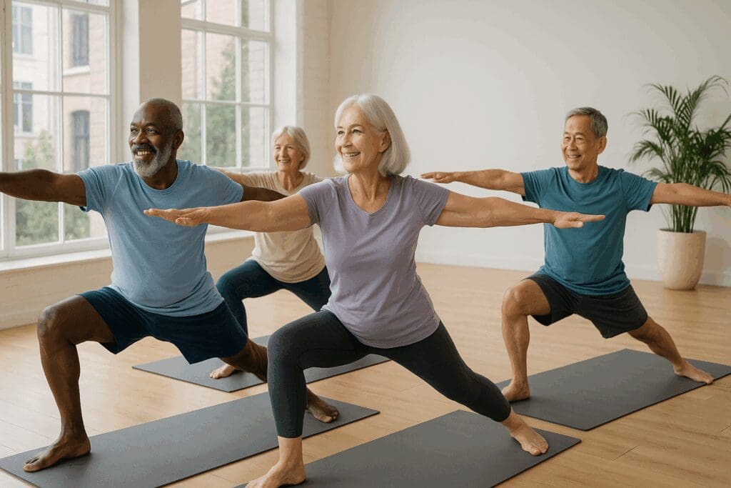 Group of active older adults doing yoga in a sunlit wellness studio, promoting vitality and community in 55 and older rental communities near me.








