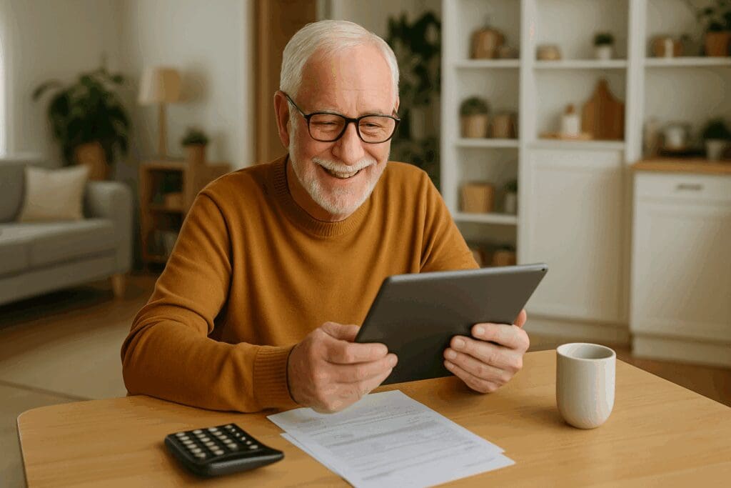 Senior man smiling while reviewing his budget on a tablet in a modern home, representing 55 and older rental communities near me.








