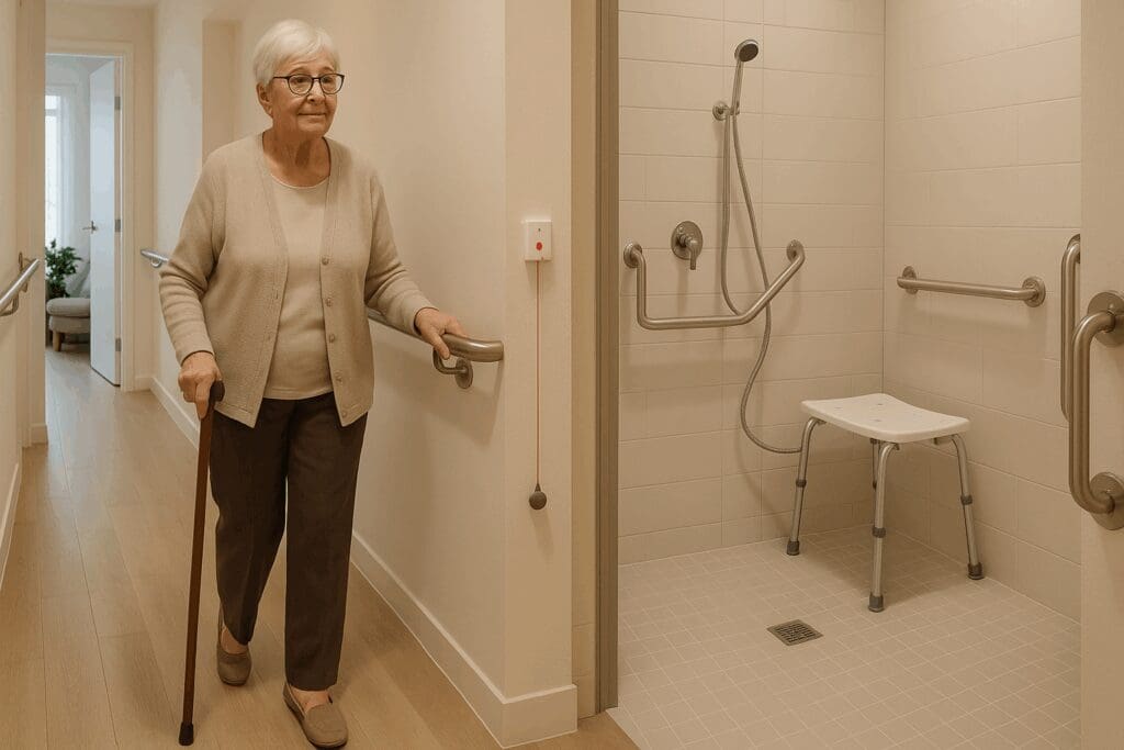 Senior woman walking with a cane in a well-lit hallway of an accessible apartment with grab bars, part of 55 and older rental communities near me.








