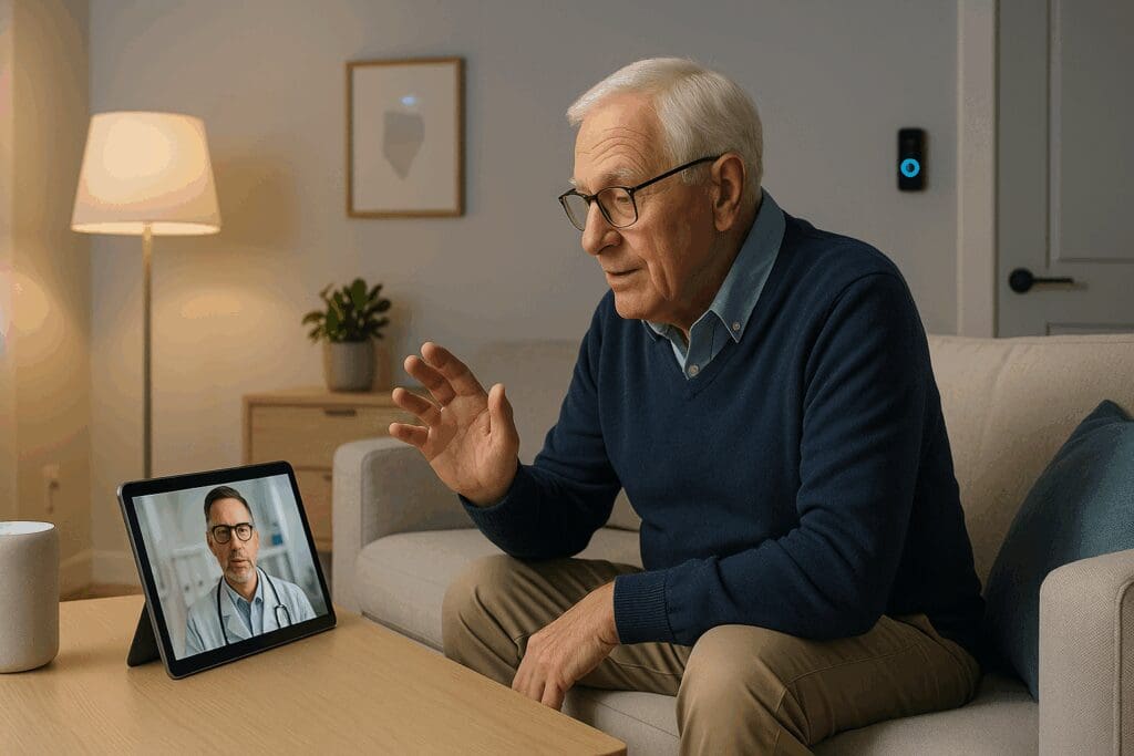 Tech-savvy senior video calling a doctor from a smart apartment in one of the 55 and older rental communities near me.

