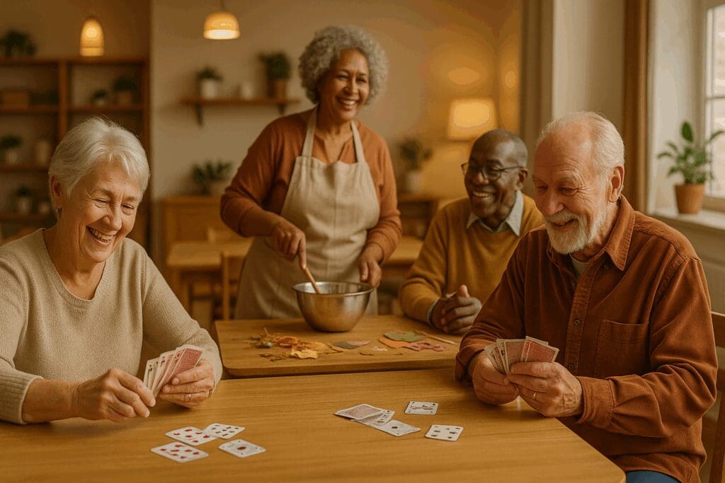Older adults enjoying cards, cooking, and crafts in a shared activity room at one of the 55 and older rental communities near me.







