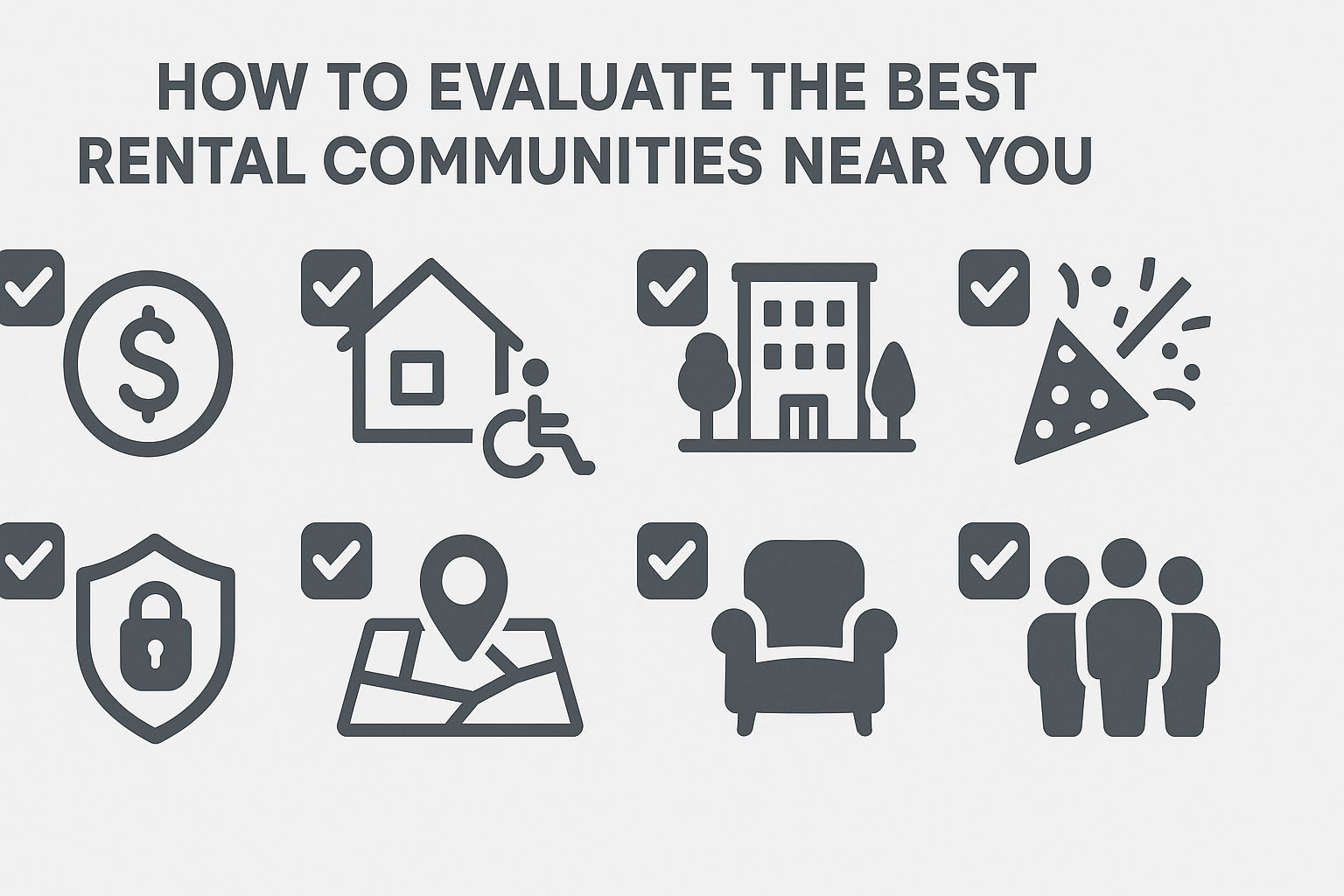 Checklist-style infographic visually comparing key factors to evaluate 55 and older rental communities near me, including affordability, accessibility, safety, and amenities.