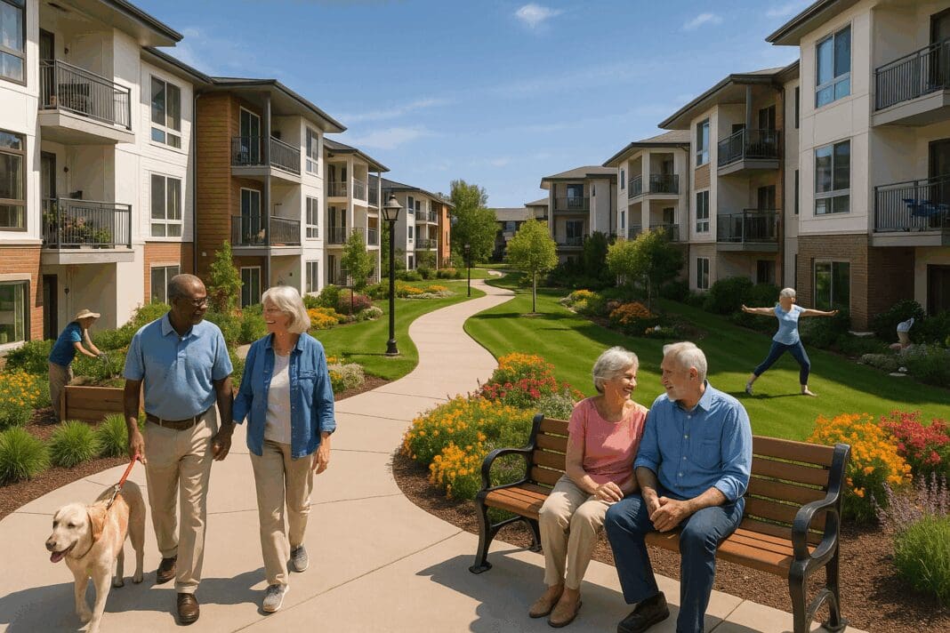 Active seniors enjoying outdoor activities in a landscaped 55 and over rentals community with modern buildings and sunny weather.