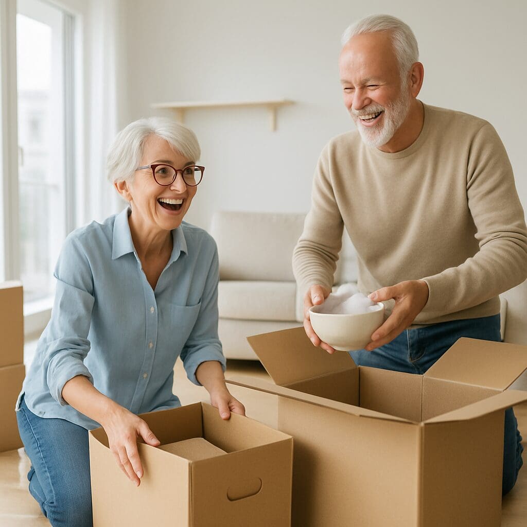 Cheerful senior couple unpacking boxes in a modern apartment, symbolizing a fresh start with 55 and over rentals.

