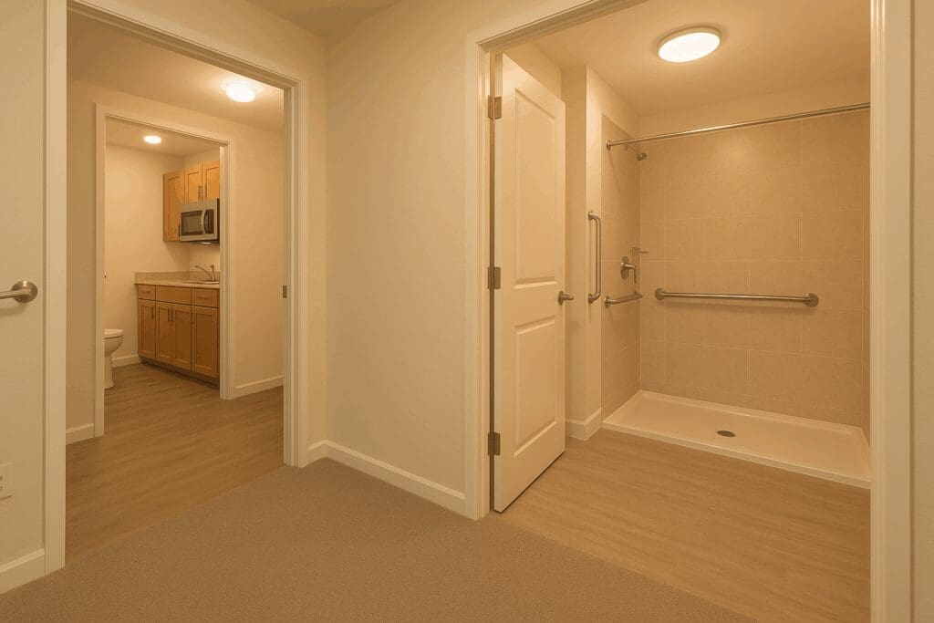 Modern, senior-friendly apartment interior designed for safety and mobility in 55 and over rentals, featuring wide doorways, grab bars, and non-slip flooring.








