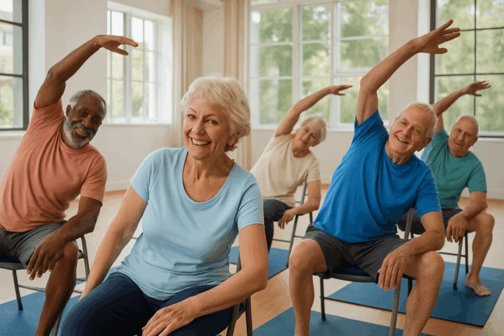 Seniors in a light-filled wellness studio doing chair yoga, promoting active lifestyles in 55 and over rentals.

