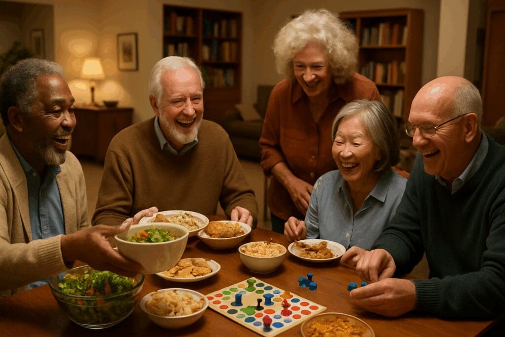 Older adults enjoying a game night and potluck in a community room designed for 55 and over rentals, sharing food and laughter.

