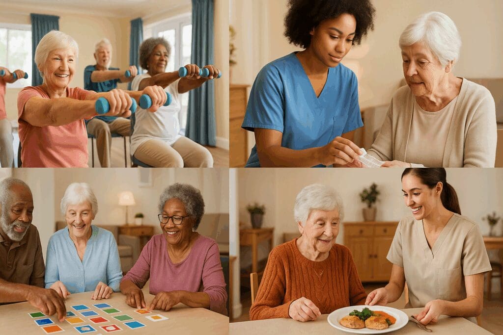 Elderly residents in a residential assisted living facility participating in a fitness class, receiving medication assistance, playing a memory game, and being served a nutritious meal.


