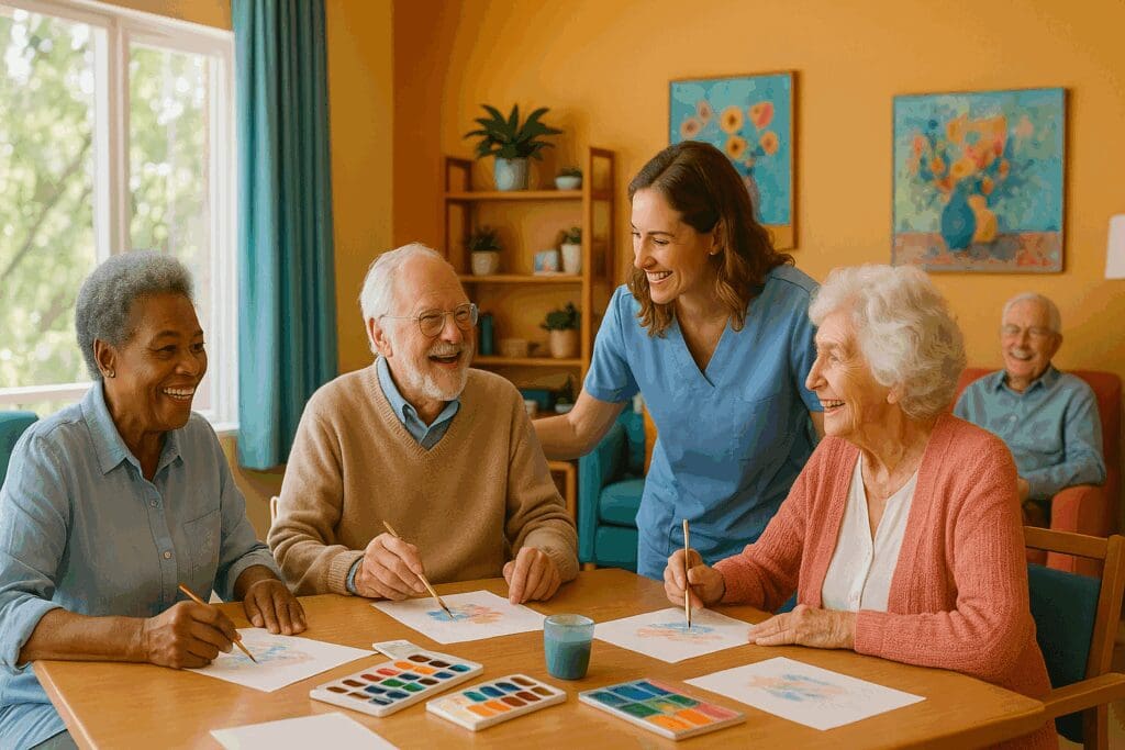 Seniors in a residential assisted living common room painting together, smiling with a caregiver in a warmly lit social space.

