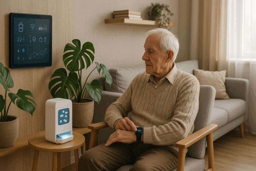 Elderly man in a residential assisted living room using wearable health tech, with AI medication dispenser and wall-mounted smart tablet

