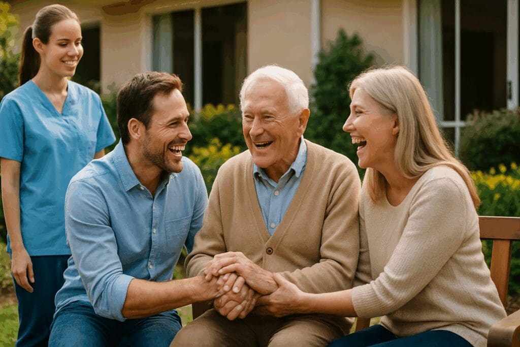 Elderly man in a residential assisted living garden holding hands and laughing with visiting family members, with a caregiver nearby.


