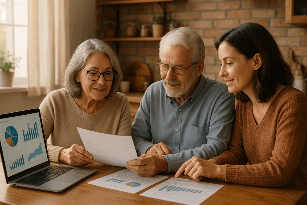 Elderly couple and adult daughter reviewing documents at a kitchen table with a laptop open to an assisted living cost calculator.