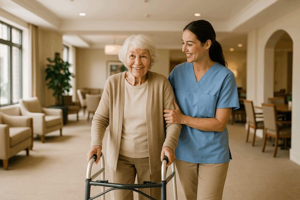Senior woman using a walker assisted by a caregiver in a bright, upscale retirement home common area, illustrating concepts tied to an assisted living cost calculator.

