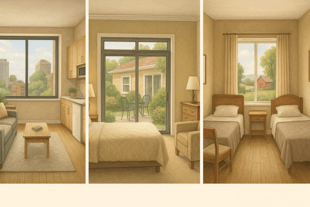 Realistic comparison of studio, private, and shared senior living units in urban, suburban, and rural settings for assisted living cost calculator visuals"