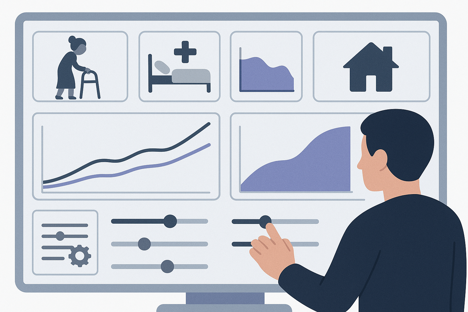 Interactive assisted living cost calculator dashboard showing graphs, sliders, and icons for aging scenarios like care needs and relocation.

