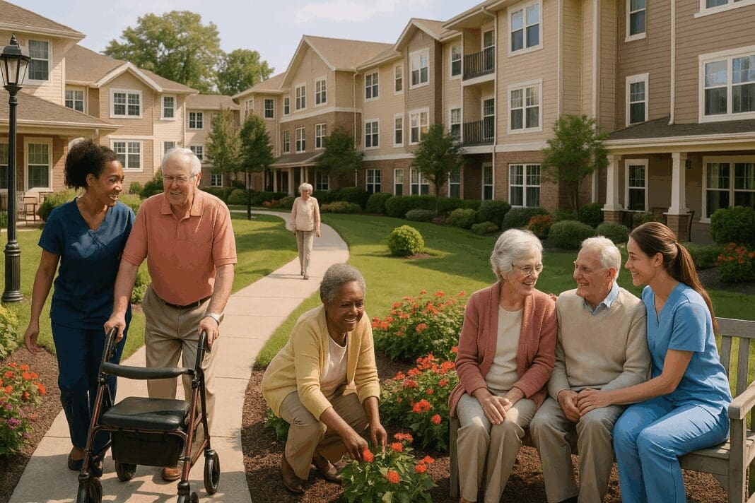 Seniors and caregivers interacting in a landscaped courtyard at an inclusive assisted living near me within 5 mi, featuring walking paths, flowers, and residential buildings.