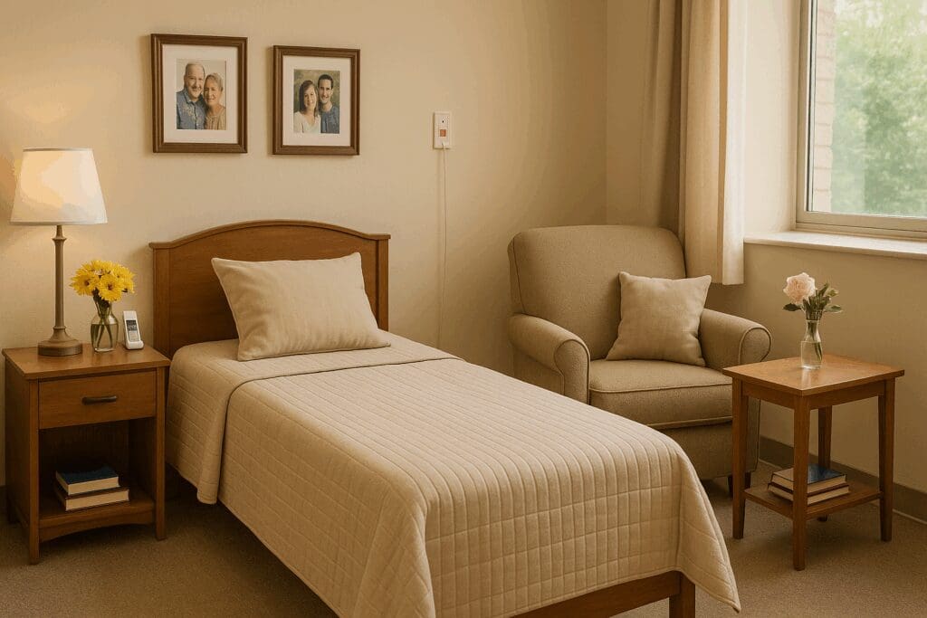 Cozy private room in an assisted living facility showing amenities available at assisted living near me within 5 mi