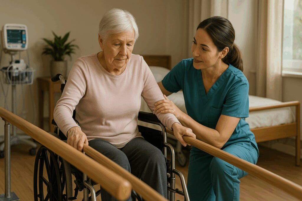 Nurse helping senior woman in wheelchair during rehab session with handrails and equipment in assisted living near me within 5 mi