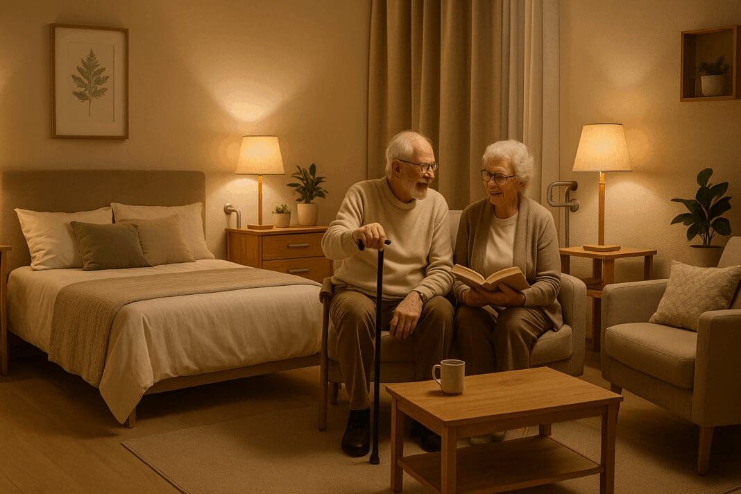Senior couple enjoying a cozy assisted living apartment with supportive furniture, illustrating how much assisted living costs for a couple.