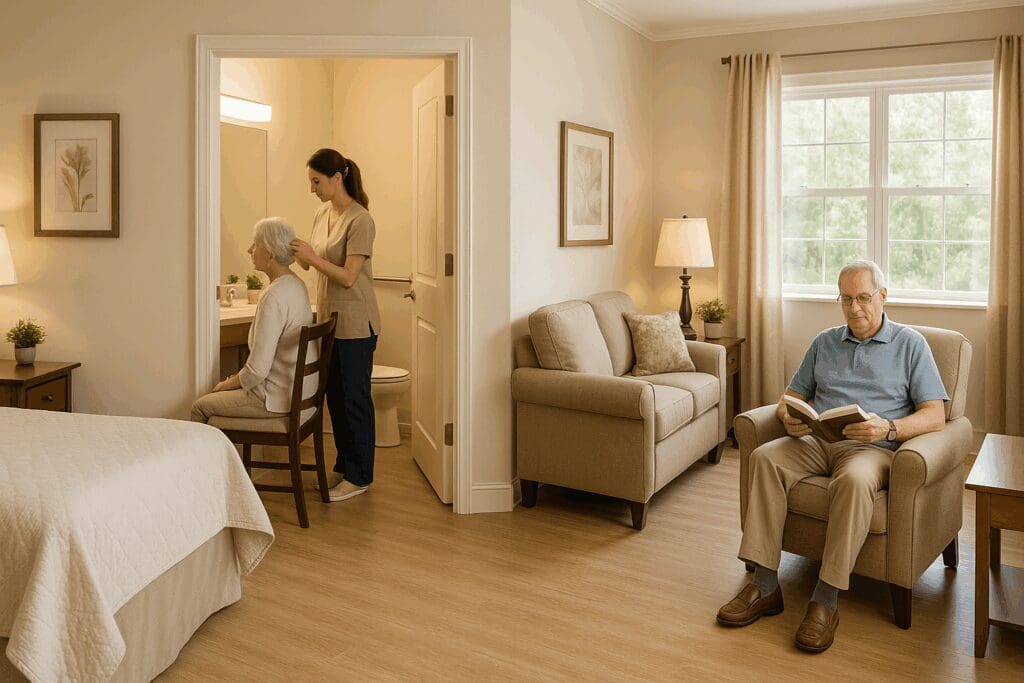Shared assisted living apartment for a couple, showing caregiving support and independence, illustrating how much assisted living costs for a couple.

