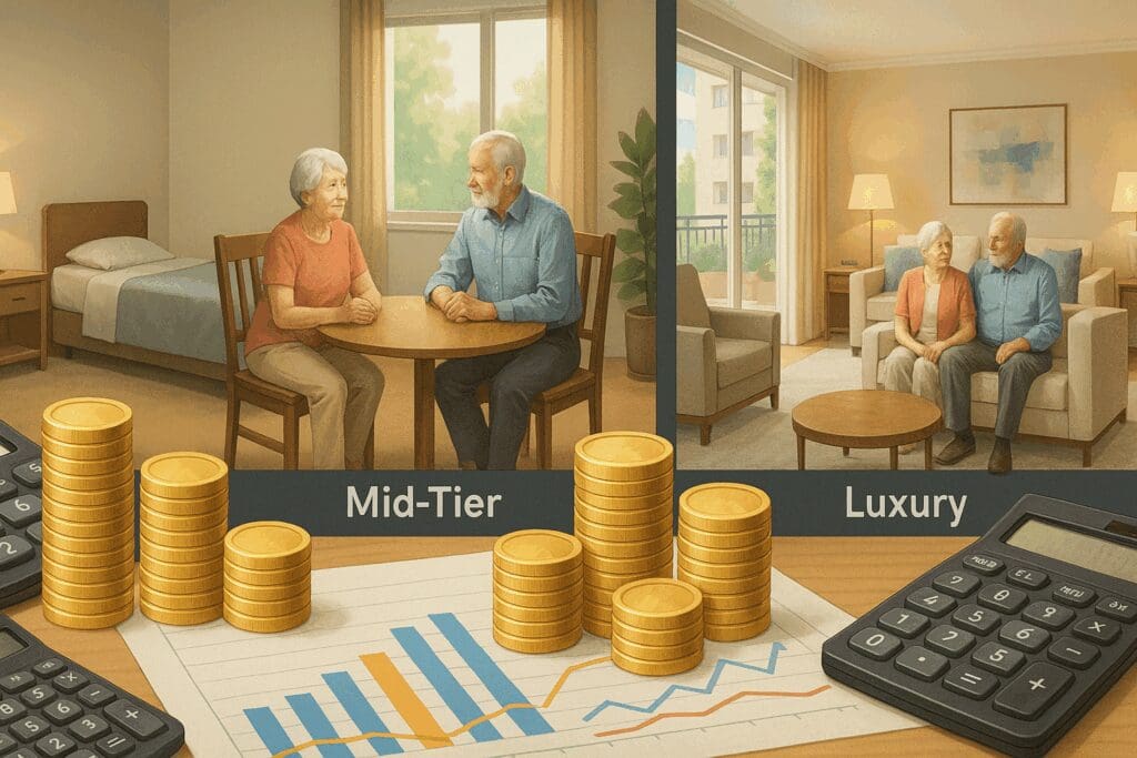 Conceptual illustration comparing how much assisted living costs for a couple across basic, mid-tier, and luxury senior living settings with coins, charts, and calculators