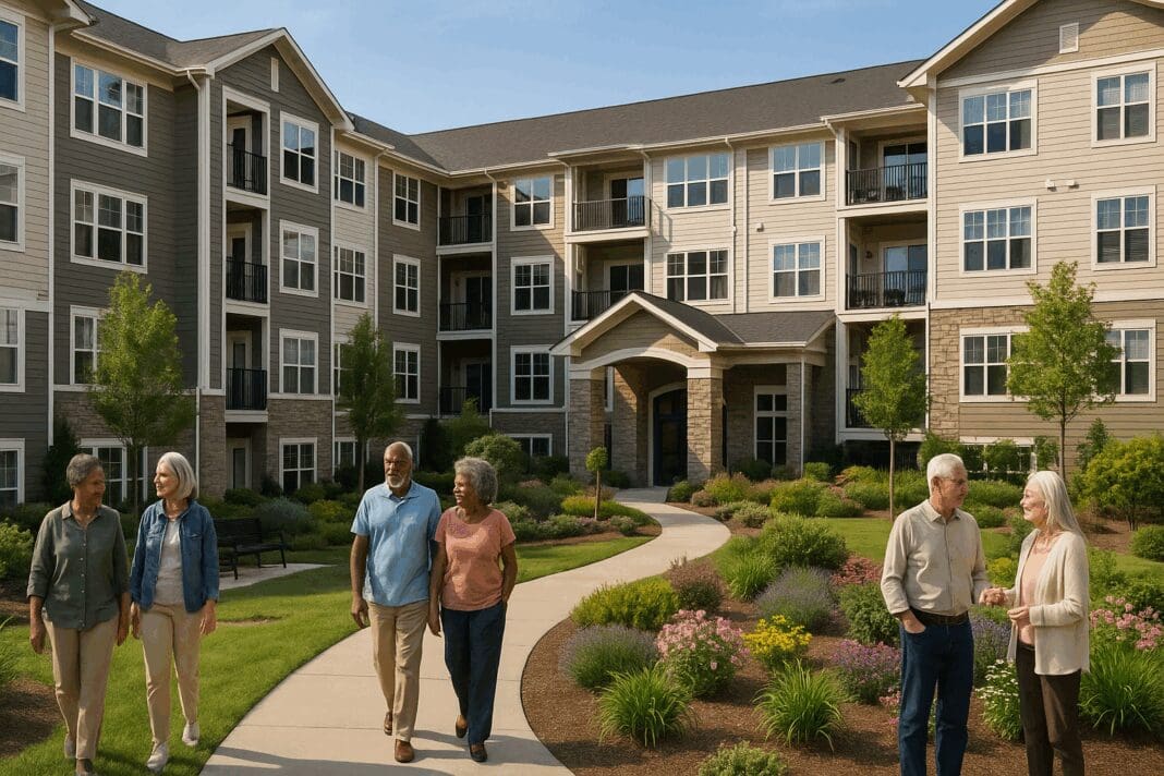 Modern 55 and over apartments for rent with landscaped gardens, walking paths, and diverse senior residents socializing outdoors.