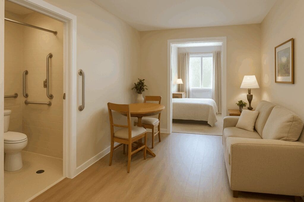 Accessible 1-bedroom interior in 55 and over apartments for rent, featuring grab bars, wide doorways, non-slip flooring, and natural light.

