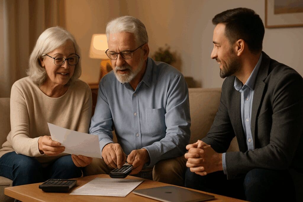 Senior couple reviewing financial documents with advisor in cozy living room, budgeting for 55 and over apartments for rent

