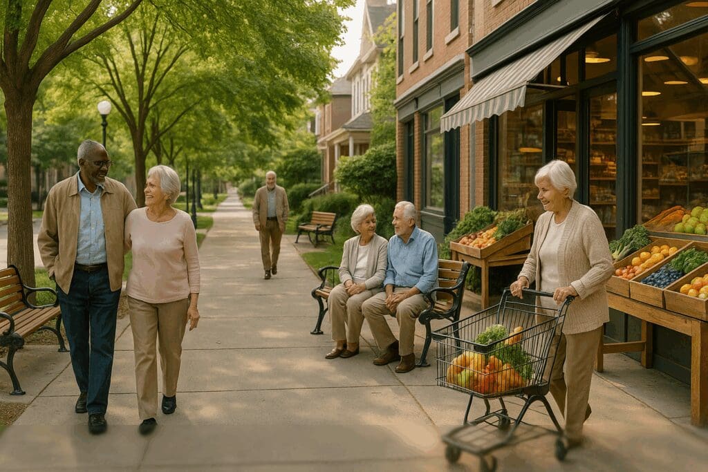 Seniors walking, sitting, and shopping in a peaceful, walkable neighborhood near 55 and over apartments for rent

